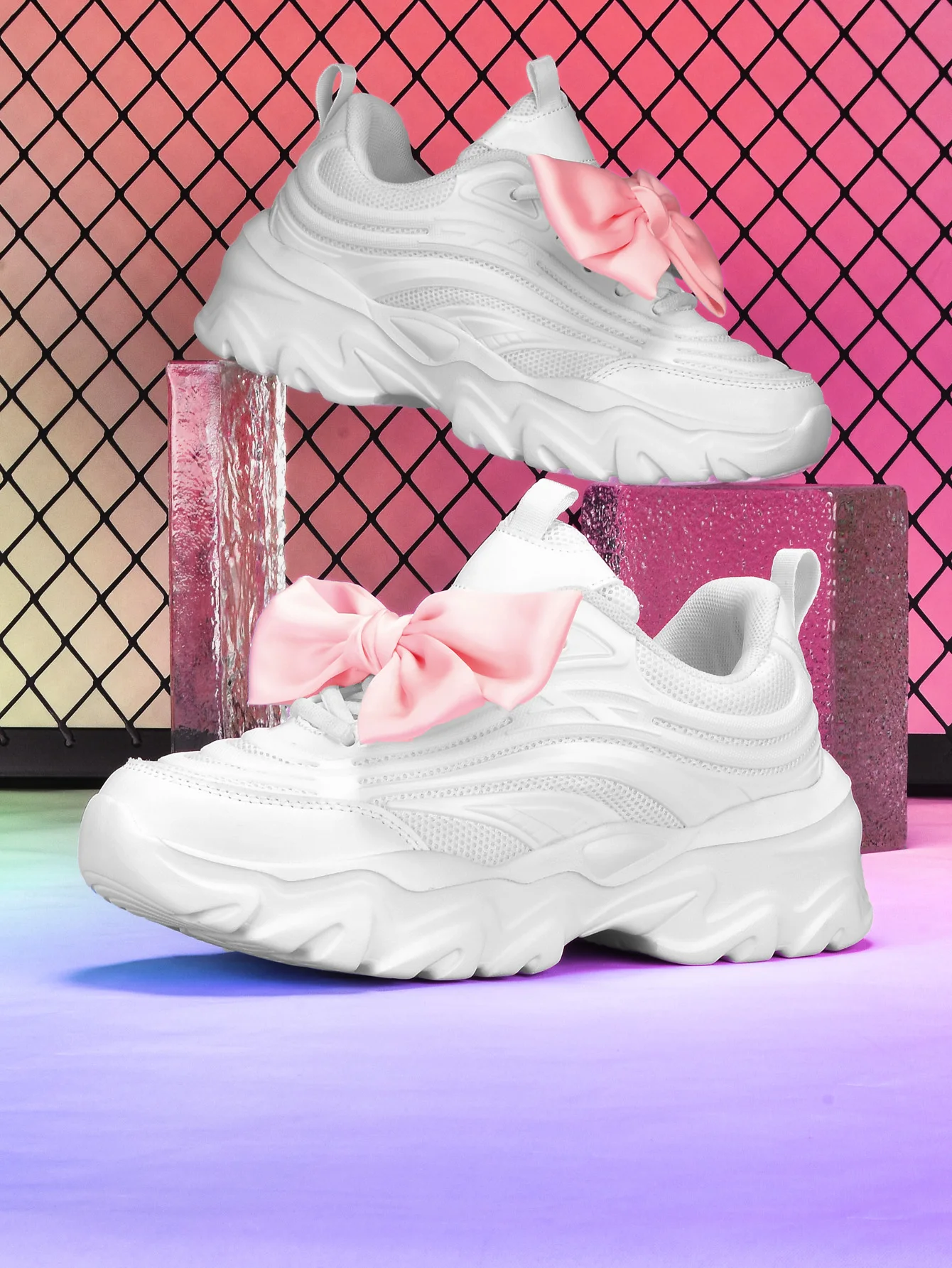 Women's Thick-Soled White Dad Shoes with a 5cm Height Increase, Korean Sweet Girl Style, Detachable Pink Bow Decoration, Casual Sneakers, All-Season Mesh Breathable Shoes, Soft Sole, Lightweight, Unique Design, Suitable for Students, Campus Daily Commute, Versatile for Multiple Occasions, Trendy Women's Shoes