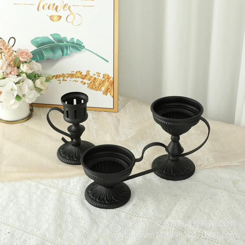 New Retro Black Wrought Iron Candlestick with Floating Pattern Flower Base and Handle, Wedding Party Home Decor Candle Holders