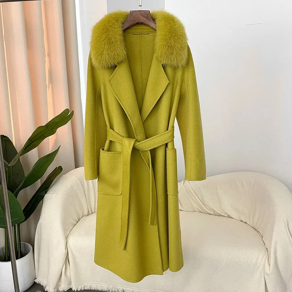 New natural fur fur jacket Autumn and winter real fox fur collar real wool coat Women\'s mid-length coat removable fur collar