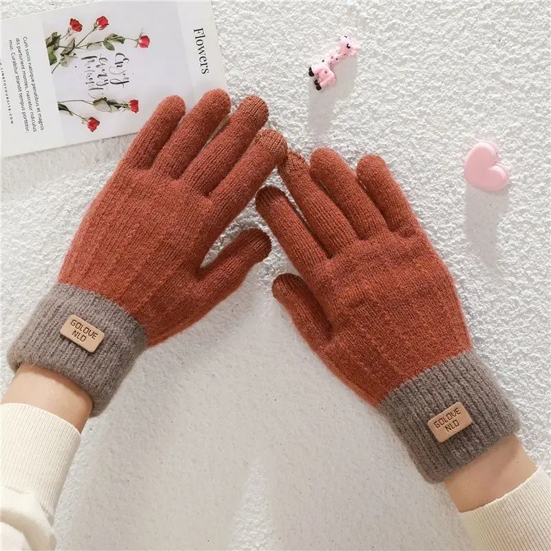 

Женские зимние перчатки, теплые перчатки из искусственного кашемира с сенсорным экраном, милые студенческие толстые бархатные вязаные перчатки с пятью пальцами