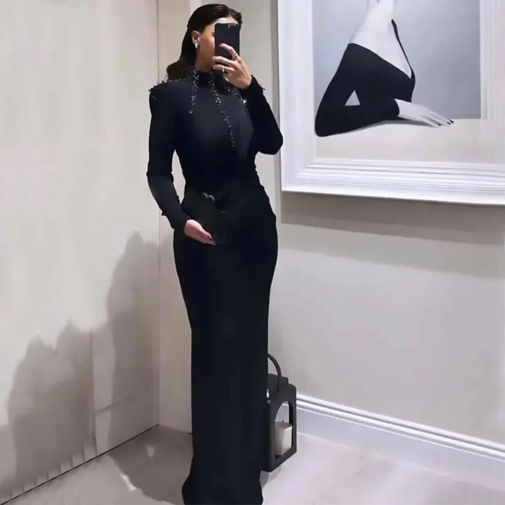 Elegant High Neck Muslim Evening Dress Long Sleeves Sheath Floor Length with Beading Saudi Pleat Women Custom Made Party Gowns