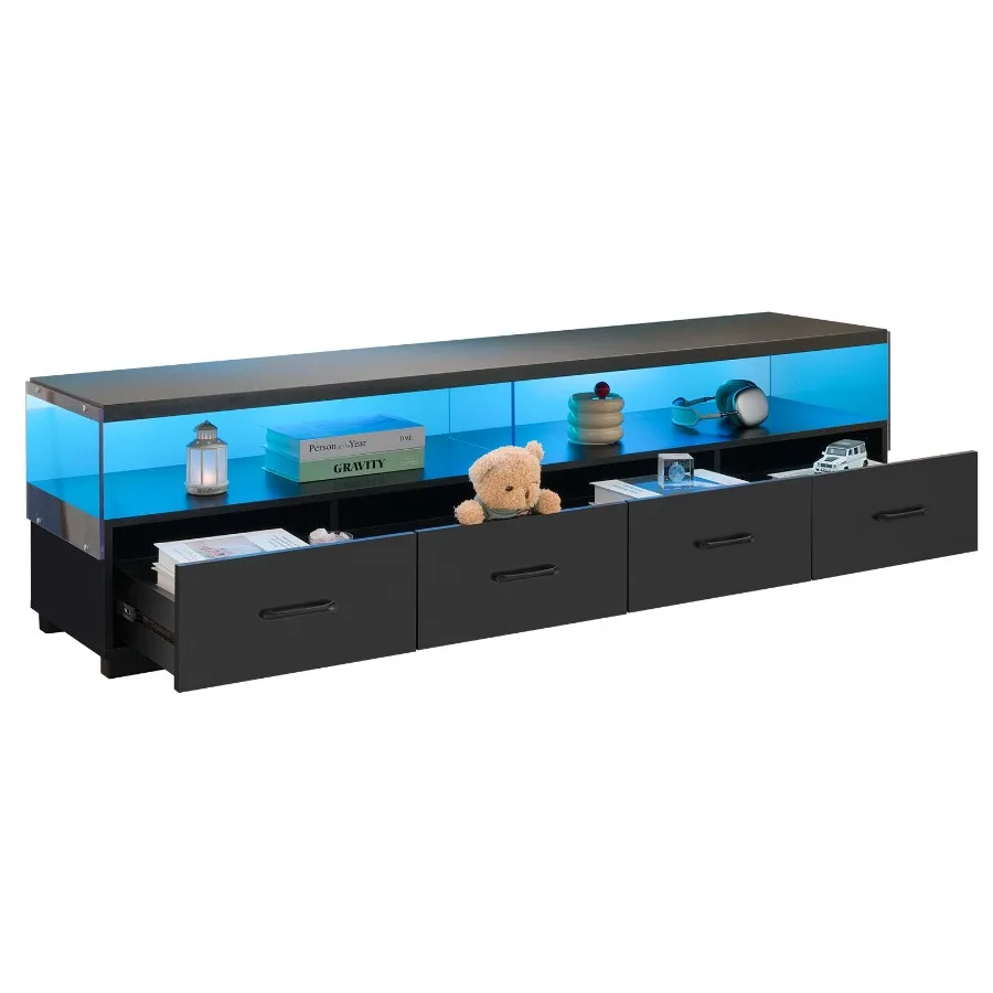 حامل تلفزيون بأربعة أدراج للتلفزيون حتى 80 بوصة، خزانة ذات شاشة مسطحة، باب غرفة المعيشة، تخزين مركز الترفيه، أسود #3