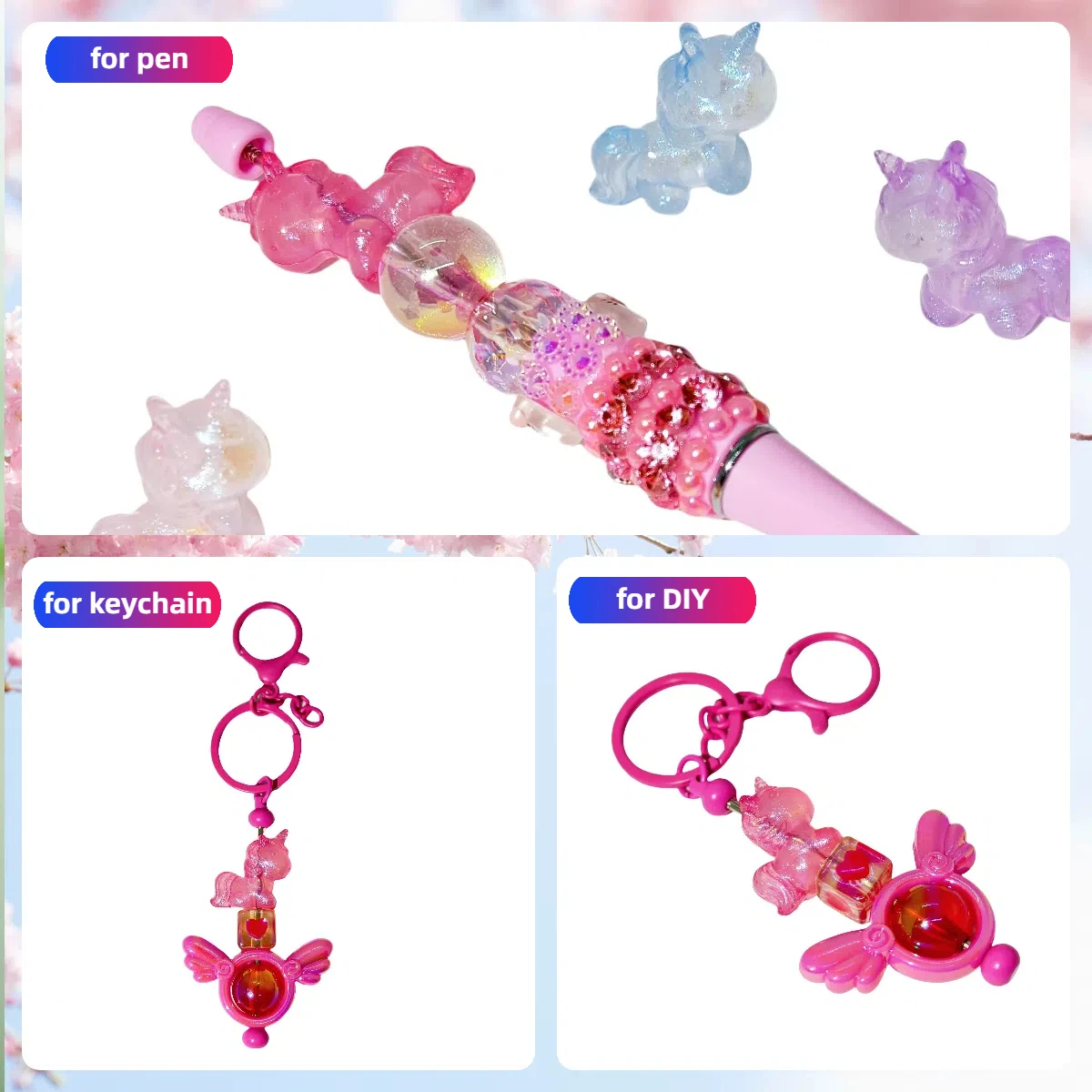 10p Cute Pony Unicorn Shape Acrylic Perforated Beads Multi-Colored Bag Pendant Mobile Phone Chain Accessories Jewelry Production