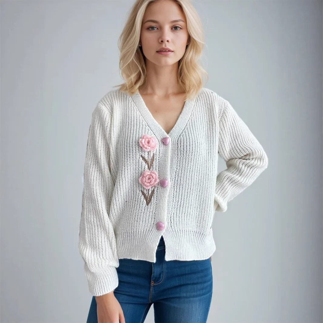 

Heavy Industry Beautiful Flowers Knitted CardiganSweater Women Slim In Autumn And Winter WithSmall Cardigan V-neck Short Coat