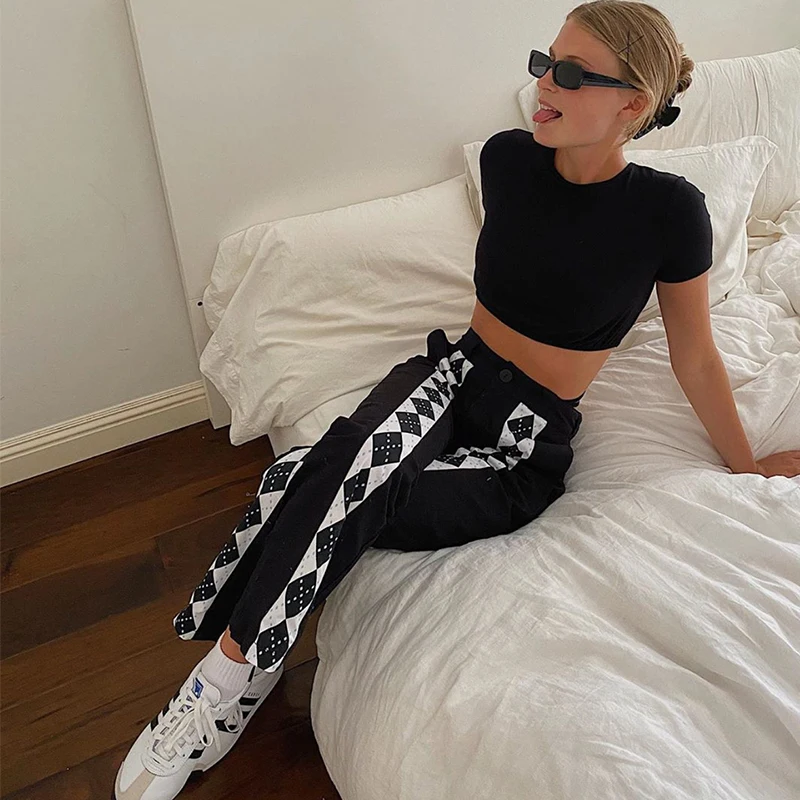 High Waist Casual Pants Women's Checkered Color Block Black White Retro American Style Slimming Trendy Commute Long Pants