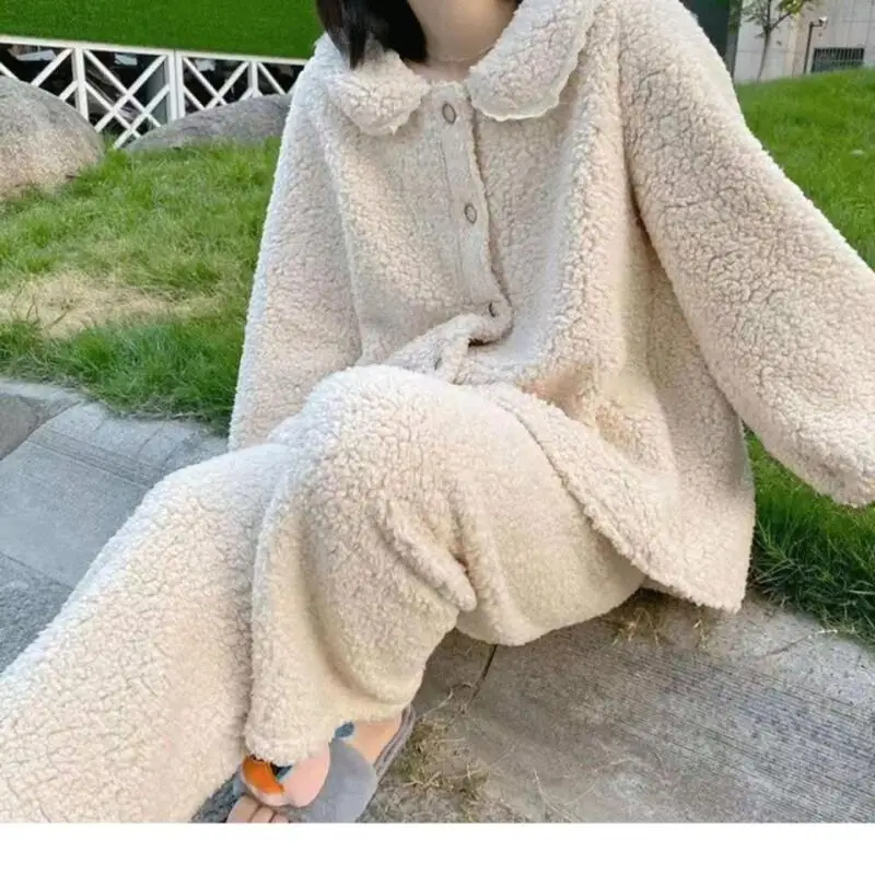 Hot Minimalist Lamb Fleece Leisure Wear Winter Thicken Cute Sweet Long Sleeves Loungewear Set Two-Piece Set Dopamine New Style