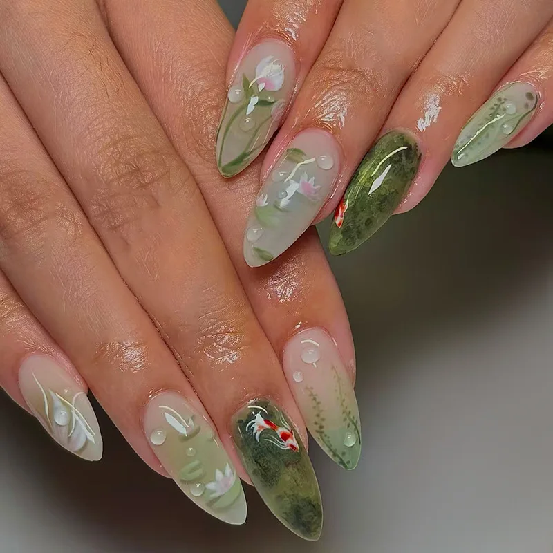 24 uñas postizas de longitud media, cabeza redonda almendrada, cubierta completa, con degradado rosa, loto y perlas, reutilizables 2