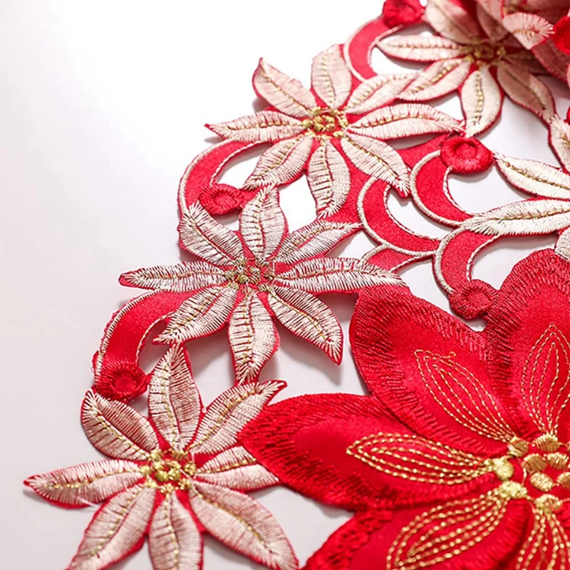 Christmas Table Runner, Poinsettia Holly Leaf Embroidered Table Linens For Christmas Decorations