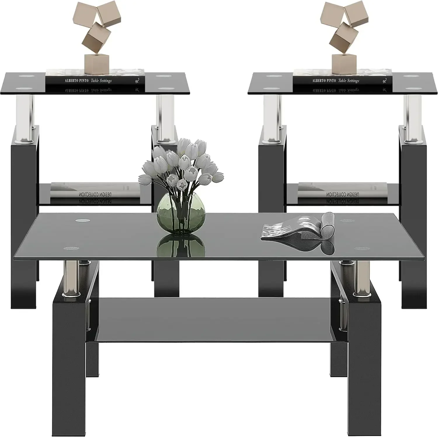 Black Glass Coffee Table Set of 3 Piece, Living Room Tables Set of 3 Pcs, Including 1 Coffee Table and 2 End Side Tables, Metal