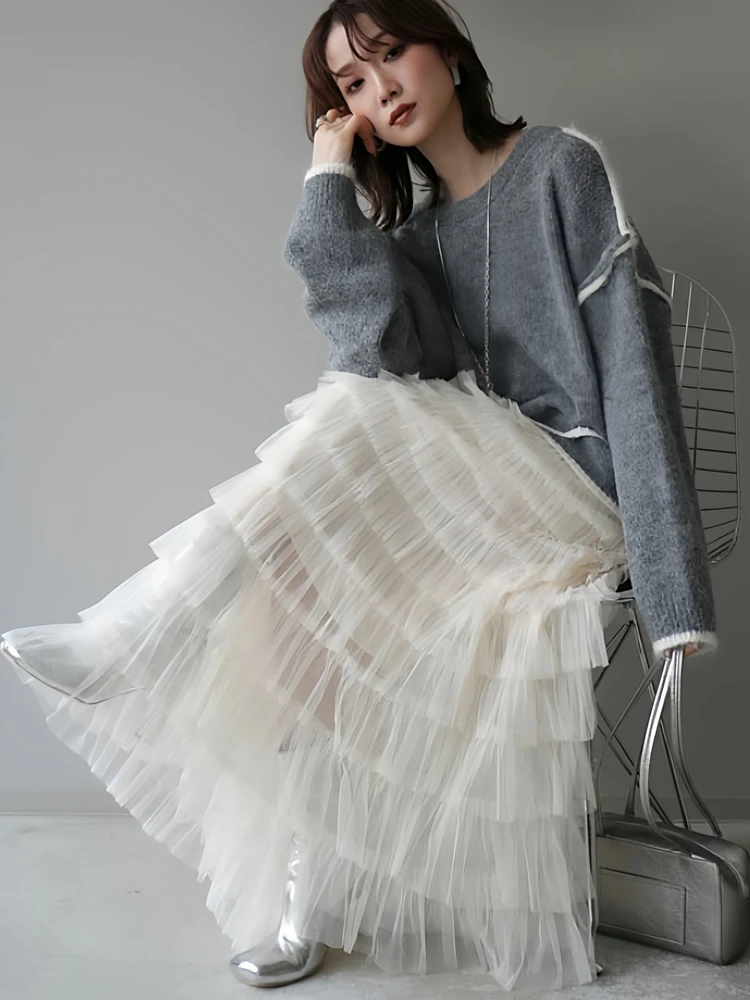 

Японский вязаный свитер и я, комплект с юбкой, женский комплект модного возраста, длинная юбка-тортик, цветная бровая юбка