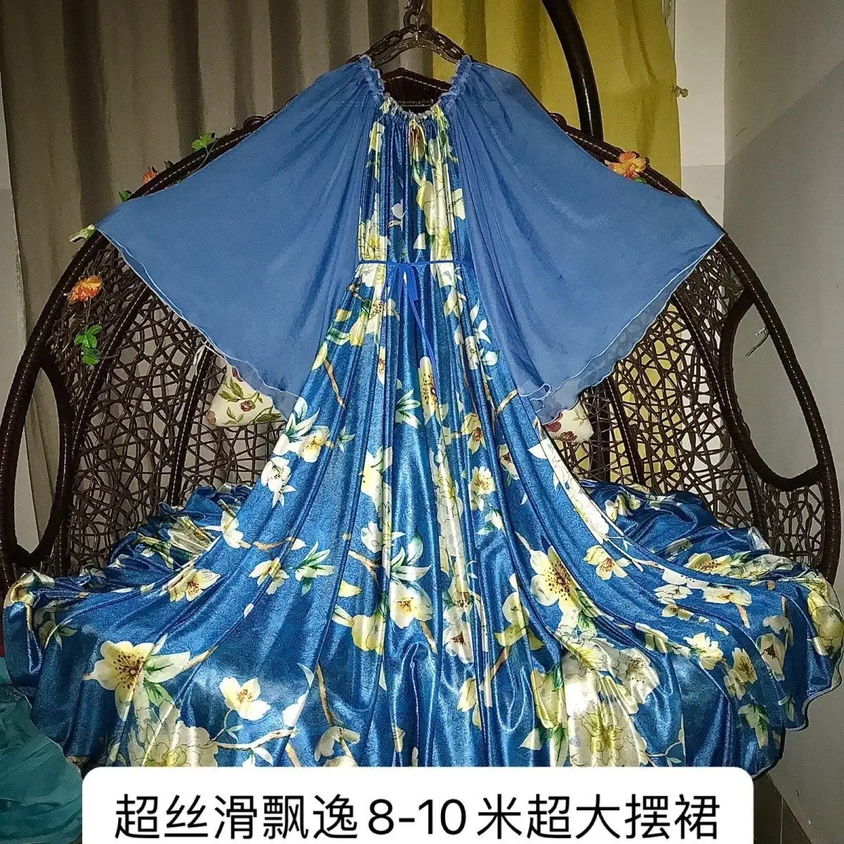 

Glossy Blue Floral Print Women Chiffon Mesh Satin Ruffles Long Maxi Dress Elegant Dresses