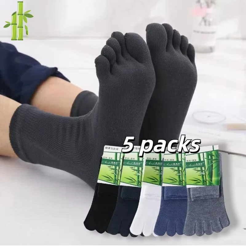 5 Pairs/Lot Black Business Five-Toed Socks Bamboo Fiber Work Men's Cotton Socks Sweat-Absorbent Tabi Split Toe Socks Large Size