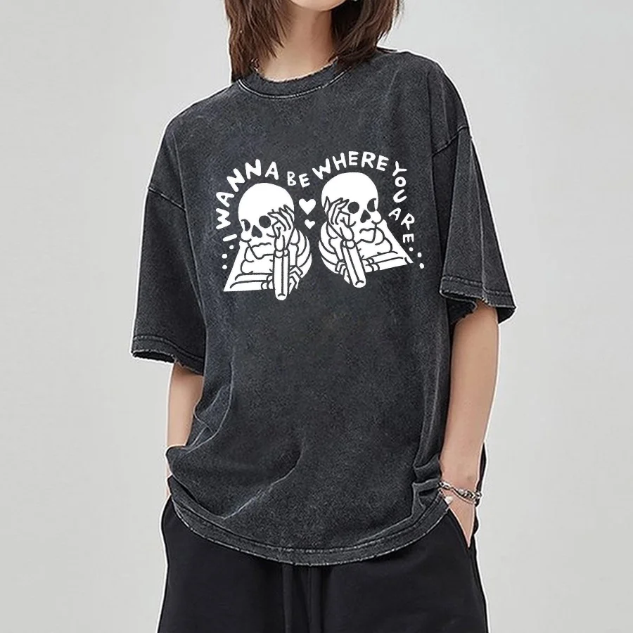 

High Street Hip Hop Two Skull Print Women's Washed T-Shirt Summer 2024 High Quality Loose Short Sleeve Harajuku Vintage Top