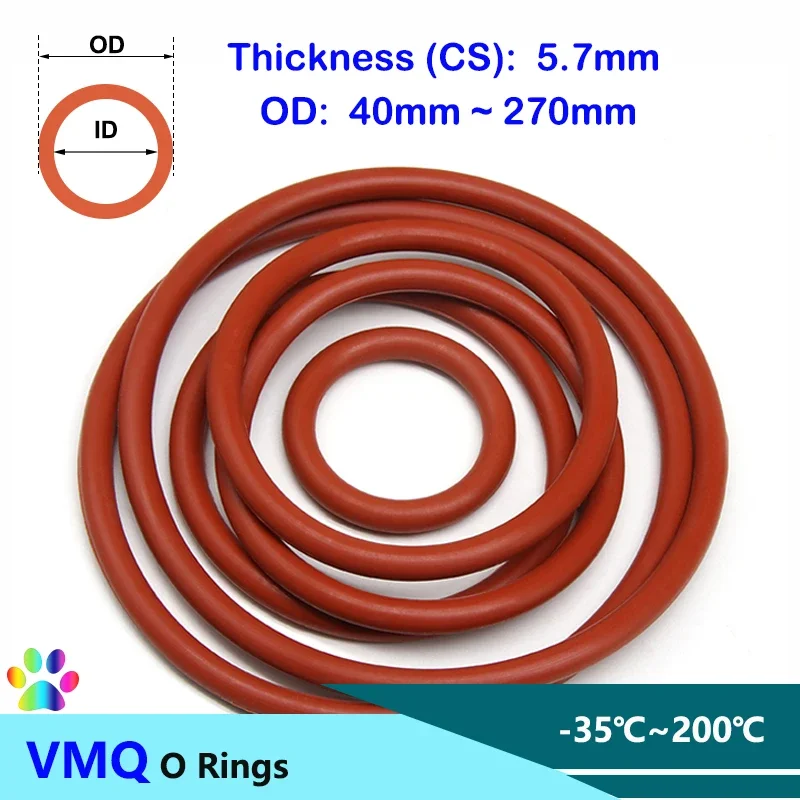 5Pcs Red Silicone VMQ O Ring Gasket CS 5.7mm OD 40 ~ 270mm Food Grade Good Sealing Waterproof Silicon Washer Rubber Ring