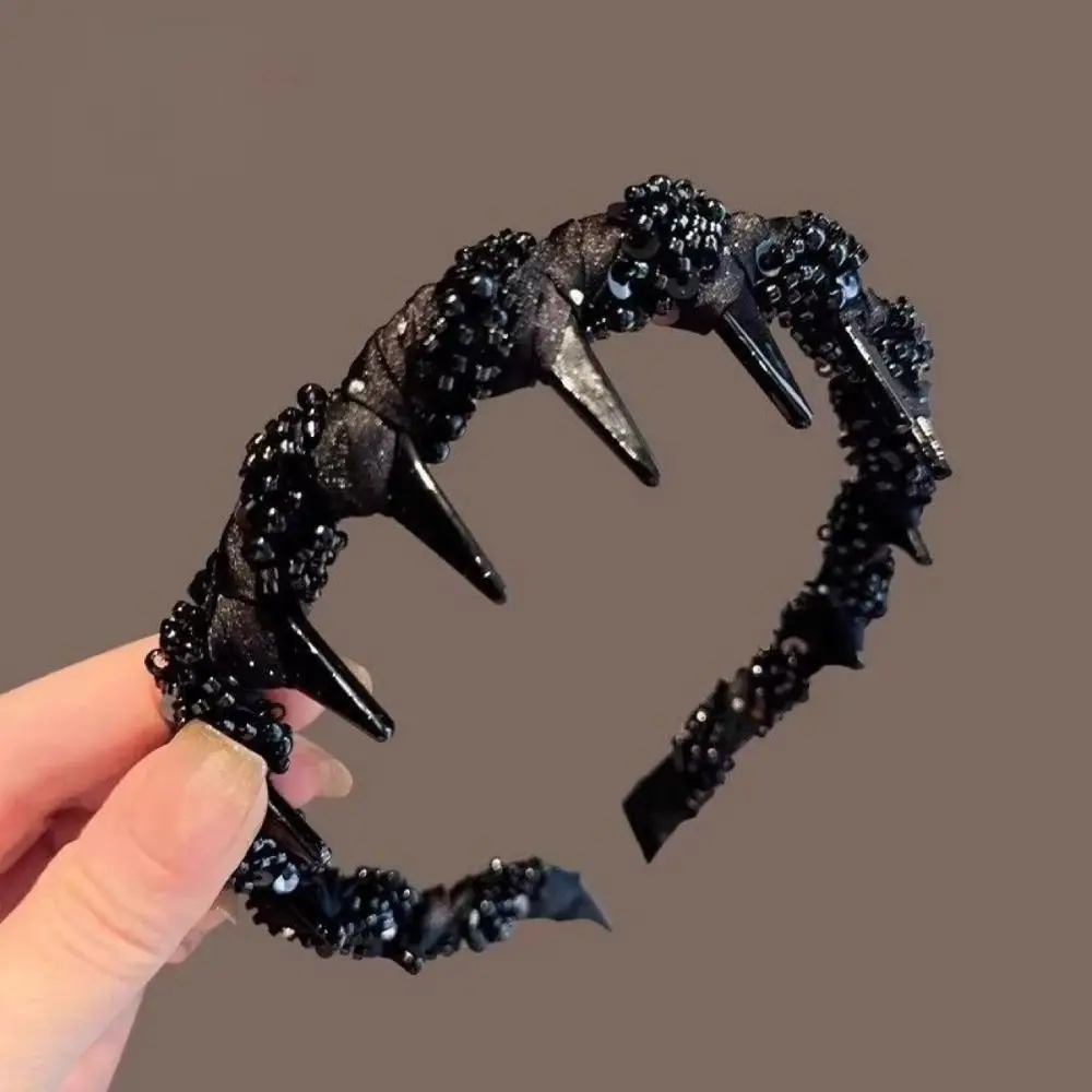 

Versatile Toothed Wave Headband with Beaded Fluffy Headwear Face Wash Hairband Vintage Temperament Non-slip Hair Hoop Travel