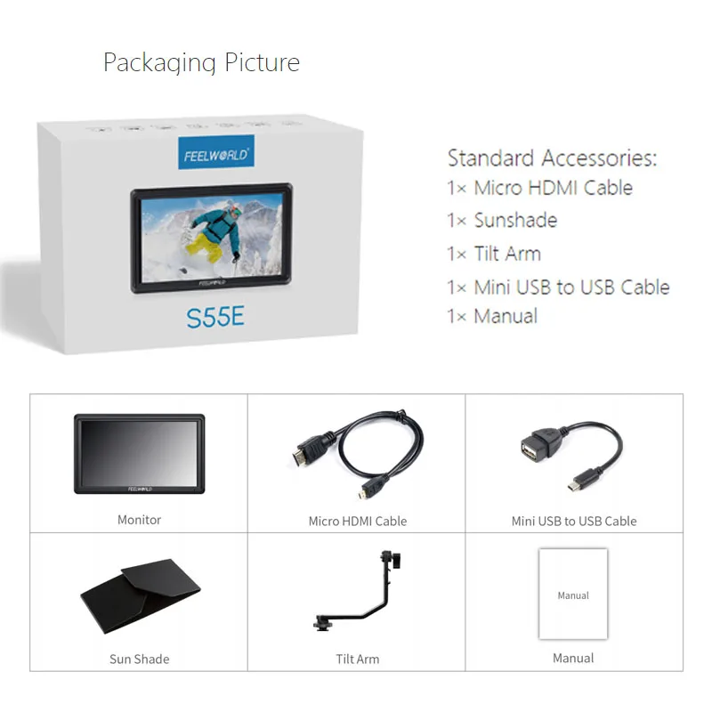 FEELWORLD S55E 5.5 Inch DSLR Camera Field Video Monitor FHD IPS Support 4K HDMI Input Output Tilt Arm Power Output view 6