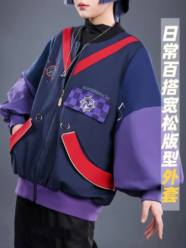 Genshin Impact Zipper Jacket Hoodies Anime Scaramouche Cosplay Pullover Patchwork Bomber Coat Sportswear Tracksuit Clothes