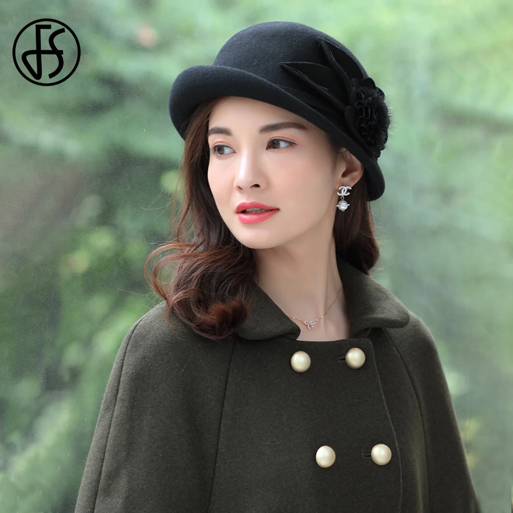 FS 2024 Fashion Camel Beret Ladies 100% Wool Winter Fedoras Vintage Cloche Cap Fascinator Flower Elegant Party Hats For Women