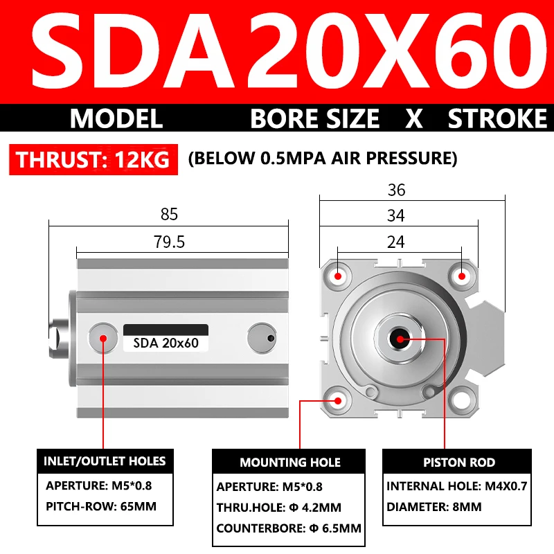ABILKEEN SDA20X60 SDA Series Thin Air Cylinder 20MM Female Thread Bore X 60MM Stroke Double Acting Pneumatic Compact Cylinder