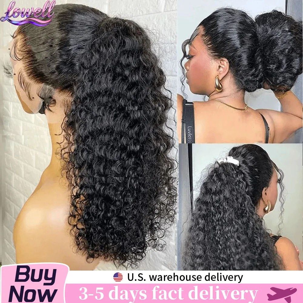 Lowell شعر بشري مجعد شعر مستعار موجة المياه 1B أسود موجة عميقة شعر مستعار أمامي 360 الدانتيل الجبهة حزام غير مرئي 200% الكثافة فلاش بيع #1