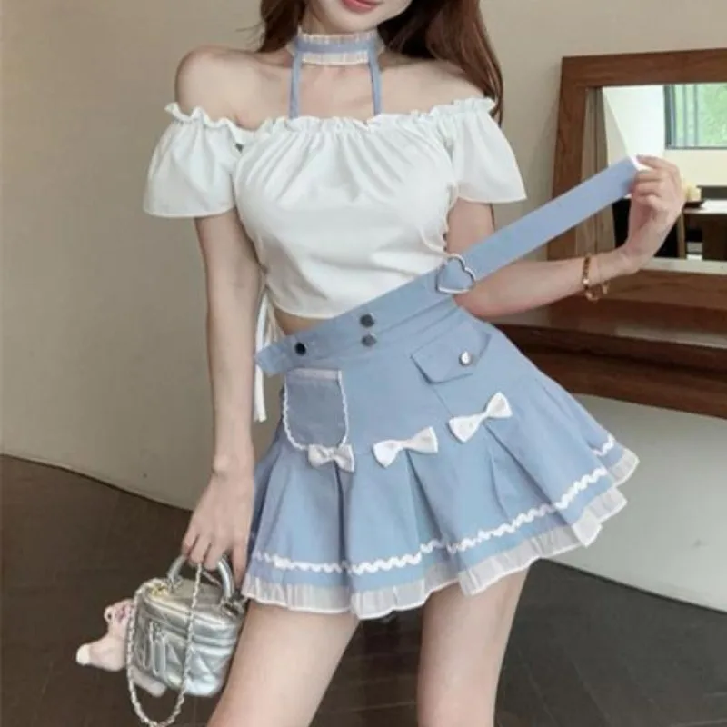 Sweet Cool Spice Girl Sexy 2 Piece Sets Hanging Neck Strapless Drawstring Top Strap Ruffled Butterfly Short Skirt Suit Female