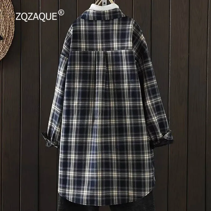 Winter New Arrival Long Style Shirts for Women Thicken and Warm High Quality Retro Plaid Shirt Coat Casual All-match Tops S082