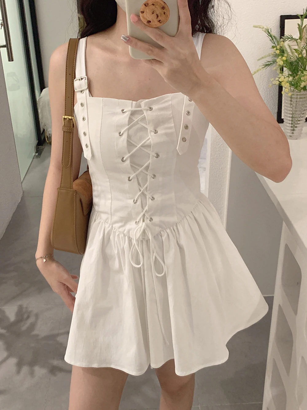스파이시 걸 고품질 드레스 여성용 레이스업 허리 조절 슬리밍 패션 솔리드 컬러 A라인 민소매 오버올 드레스