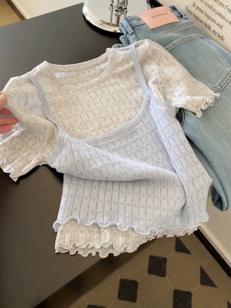 

Korean Sle ort Sve Knitted Top Women's Summer Faionable Color Blo Design Unique irt Casual Commute Sle