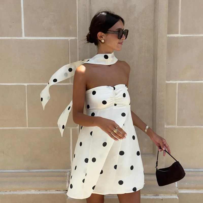 Elegante Vestido Corto Blanco con Puntos, Sexy, sin Mangas, con Espalda Descubierta, de Seda, Mini Vestidos para Fiesta de Noche, Cumpleaños, Verano 2026