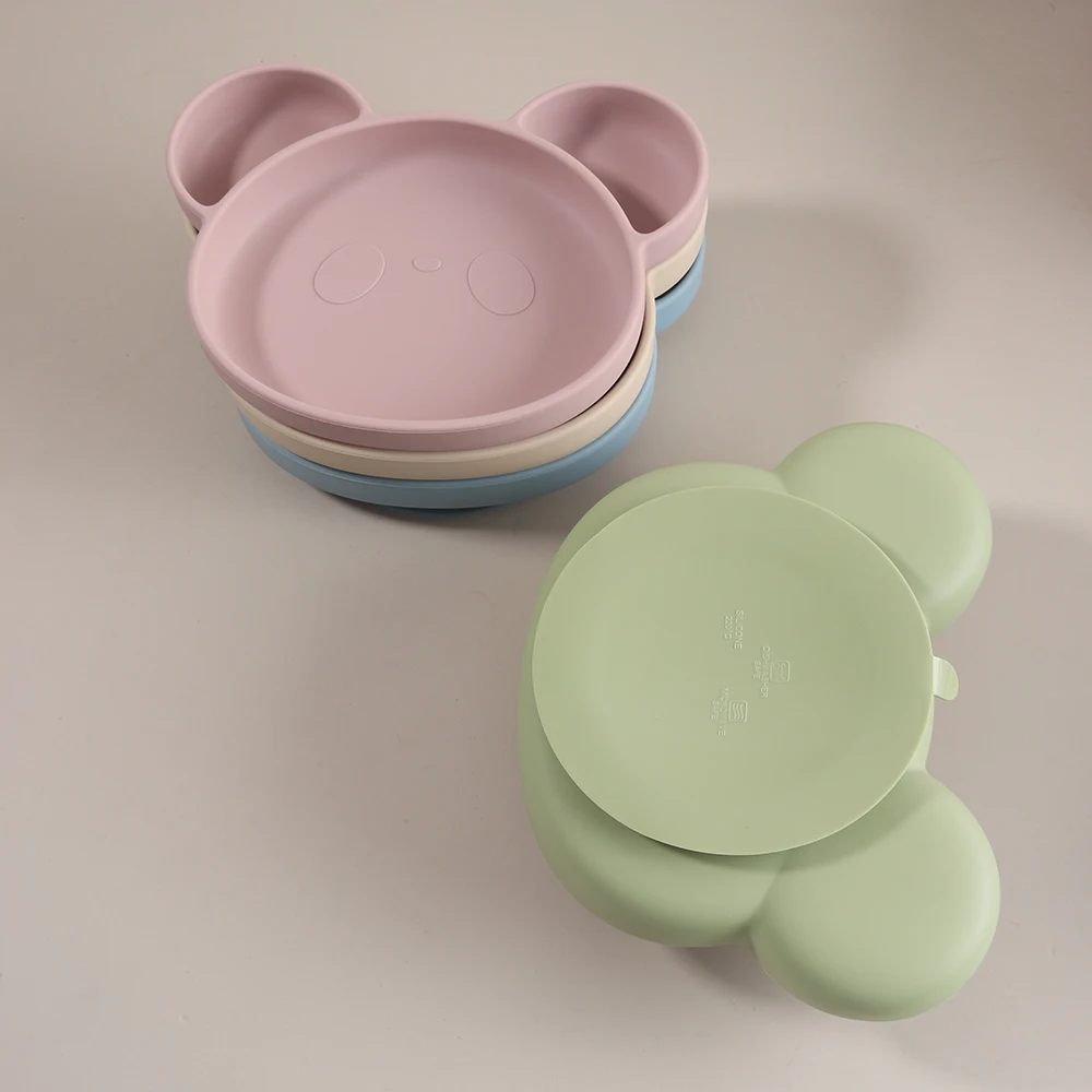 Customize Name Baby Silicone Cute Panda Bear Shaped Feeding Plate Divide Personalized Suction Plate
