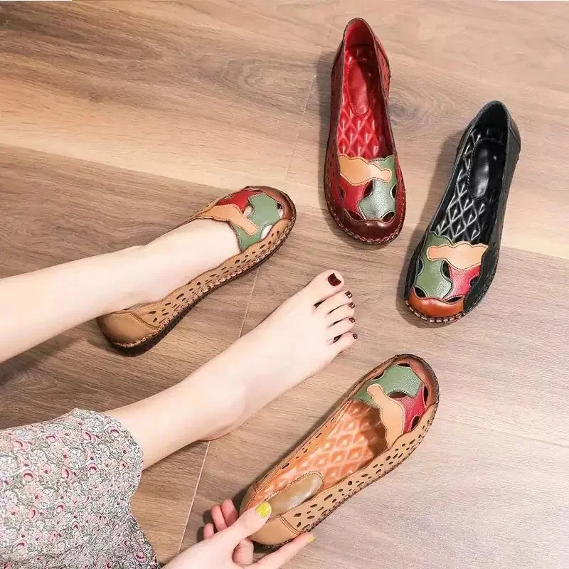 Genuine Leather Woman Loafer Comfortable Flat Shoes Fashion Lady Cow Leather Ladies Hollowed Vintage Shoes