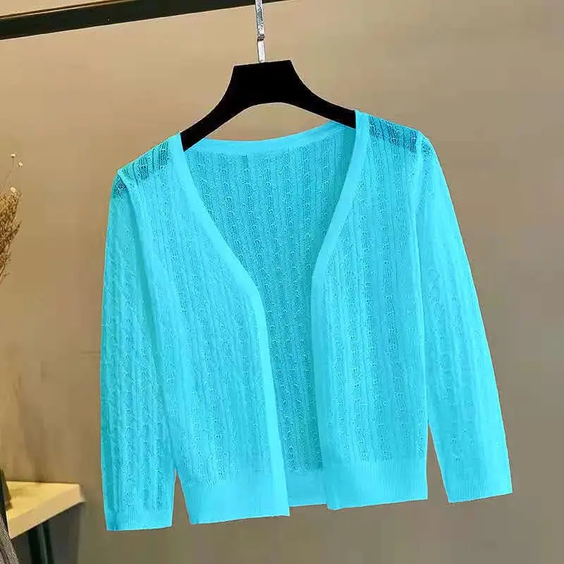 2024 Summer Shawl Ultra Thin Cardigan Short Knitted Shirt Hollow Ice Silk Women's Sunscreen Clothing