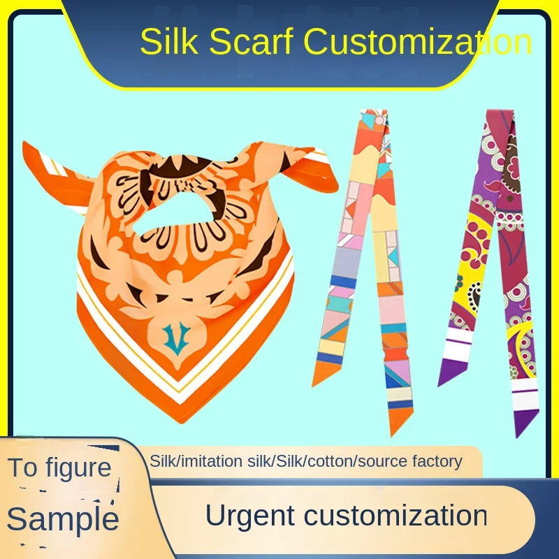 

Двусторонний шарф из 100% тутового шелка, женский квадратный шарф с цифровой печатью на заказ и двухслойная повязка для волос, изготовленная из вашего дизайна