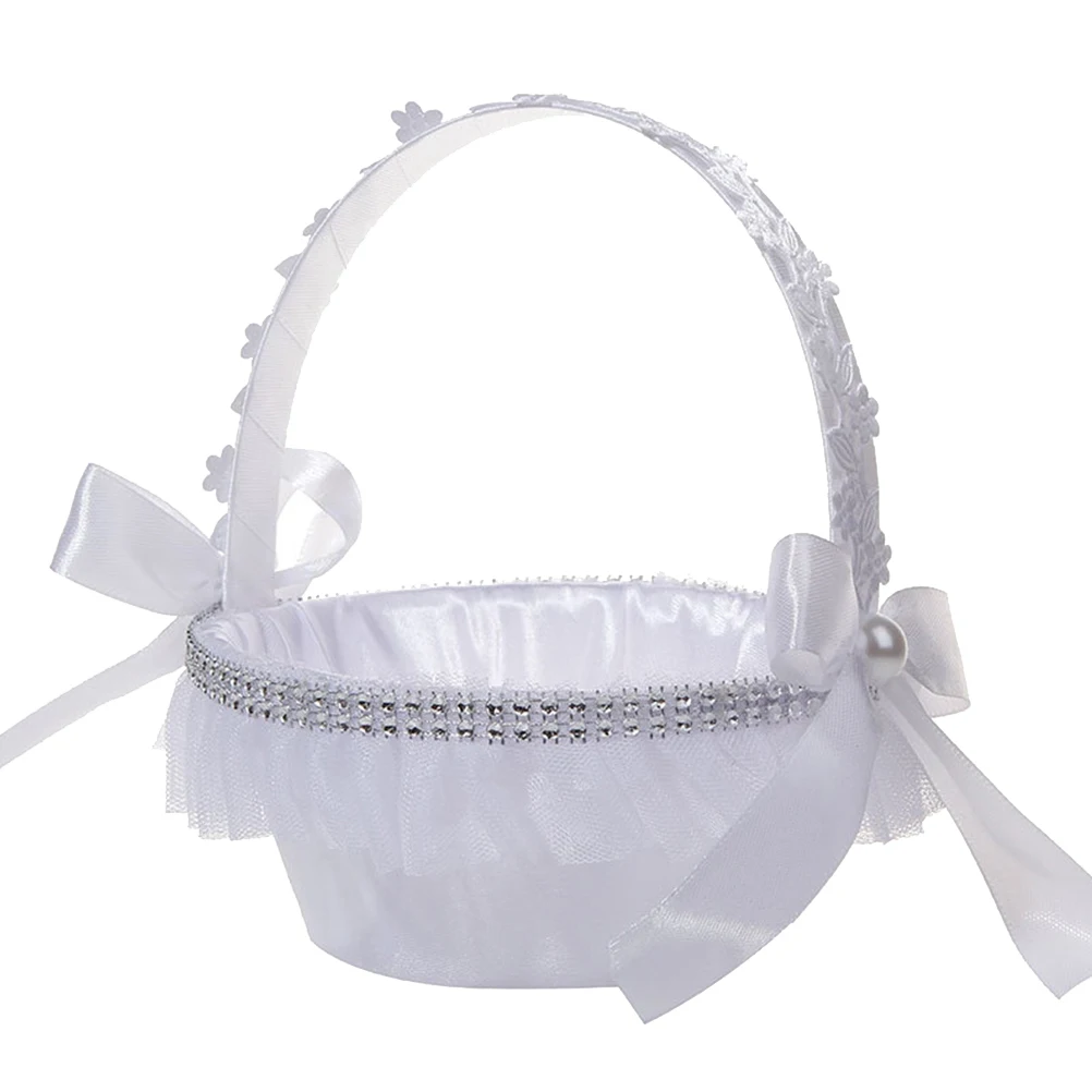 

Pearl Bow Flower Basket Wedding Girl Small White Decorations Bride Baskets Portable Lightweight Crystal Design Flowers Rose