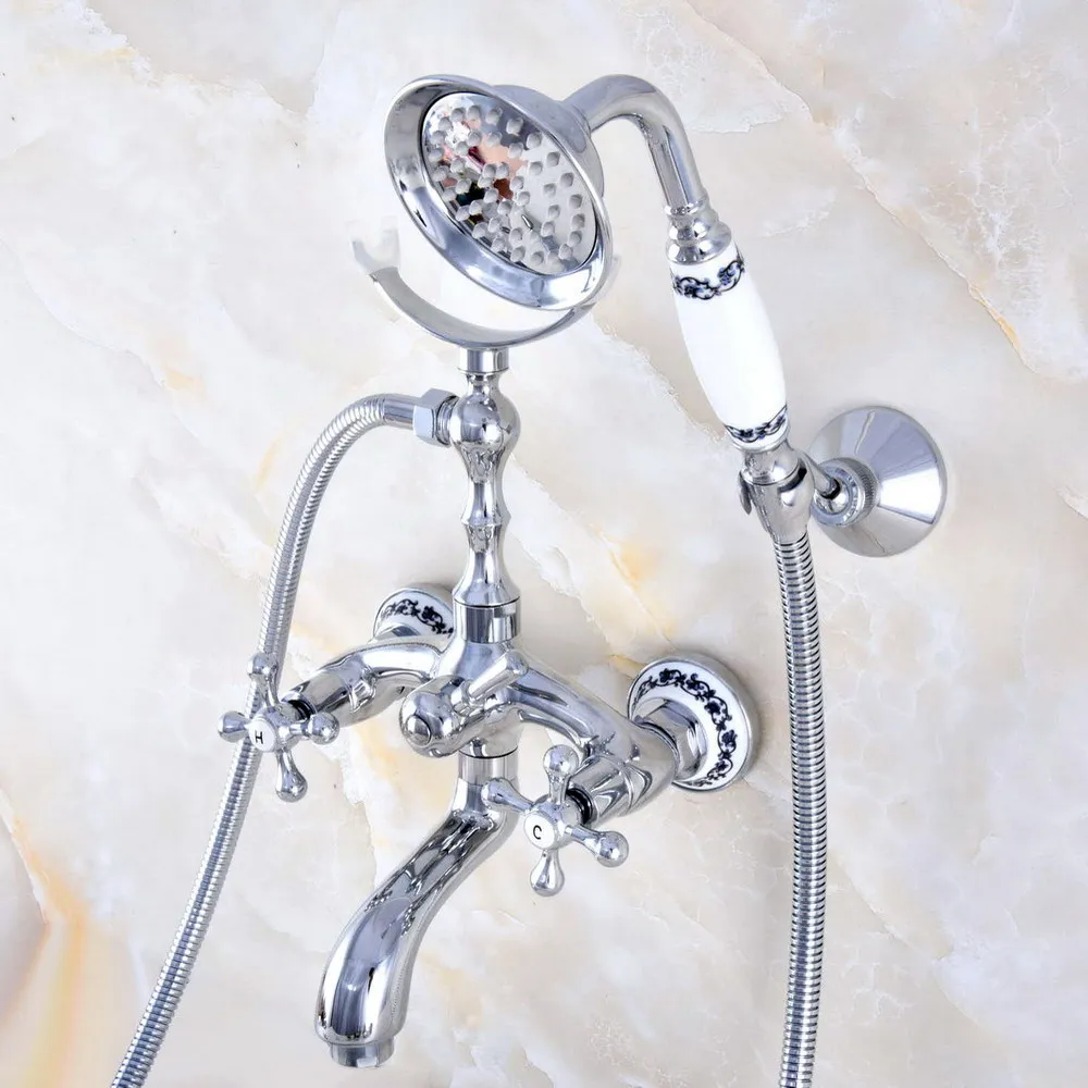 

Silver Polished Chrome Brass Wall Mounted Bathroom Bath Tub Faucet Set with 1500MM Hand Held Shower Spray Mixer Tap 2na762