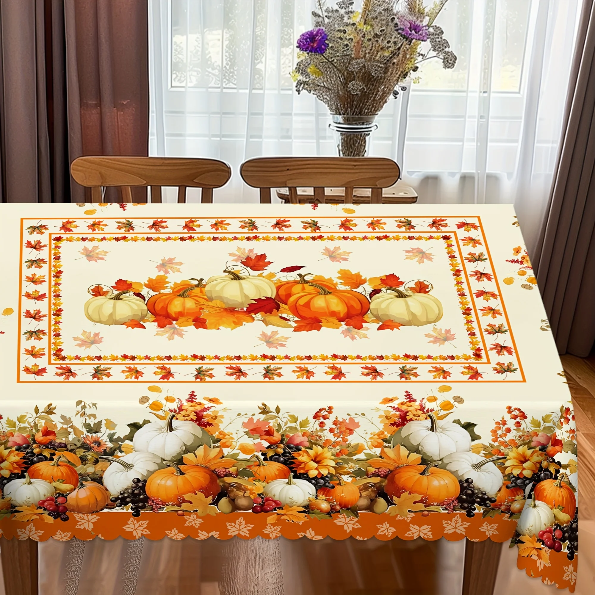 One autumn harvest-themed tablecloth, made of durable polyester, decorated with pumpkins and maple leaveszyc