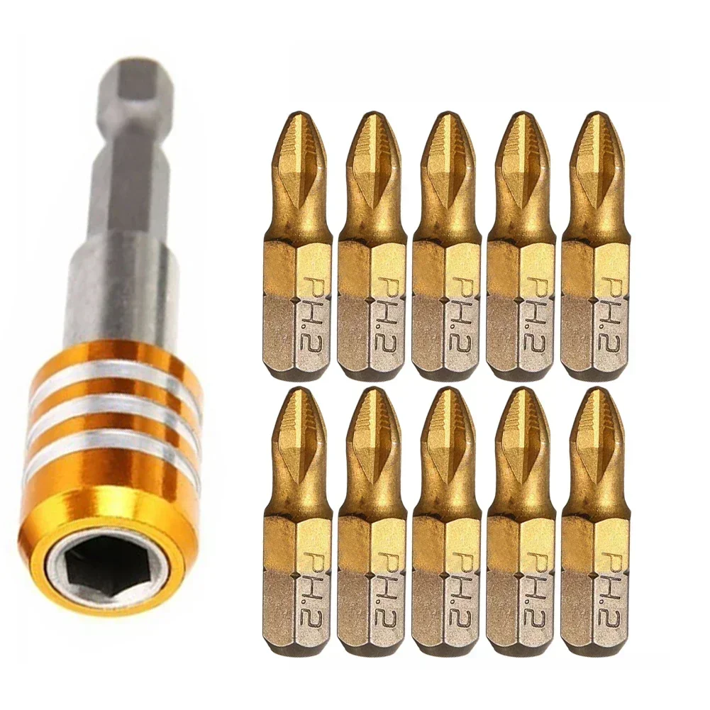 11pcs Screwdriver Bits Extension Bar 25mm 1/4\'\' Shank Titanium Coated Anti Slip PH2 With Adapter For Electric Driver Drill Tools