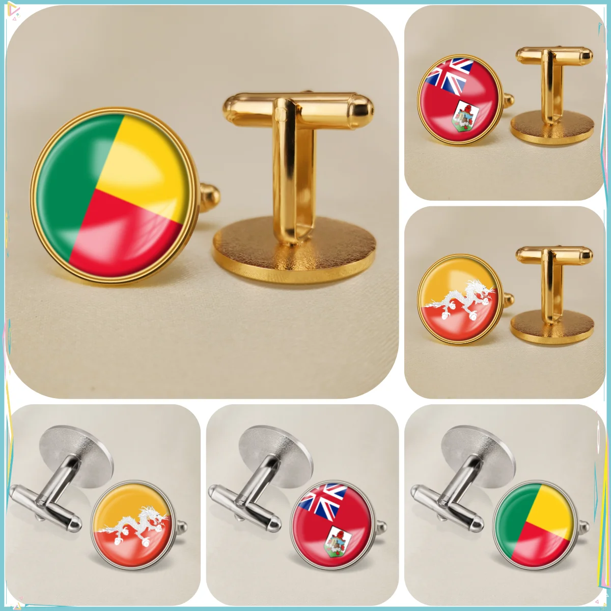 Benin Bermuda Bhutan National Emblem Flag Cufflinks