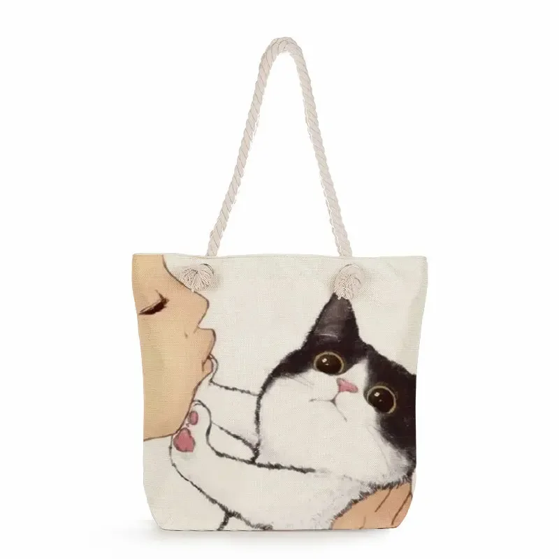 Printed single-shoulder bag, cute kissing cats print zipper tote bag, reusable hand carry storage pouch