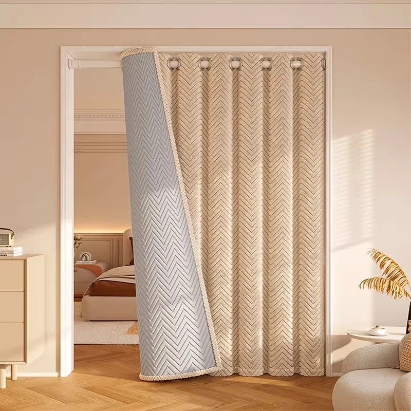 1pc Chevron Quilted Velvet Door Curtain, Warm Plush Lined Thermal Insulated Windproof Doorway Drape