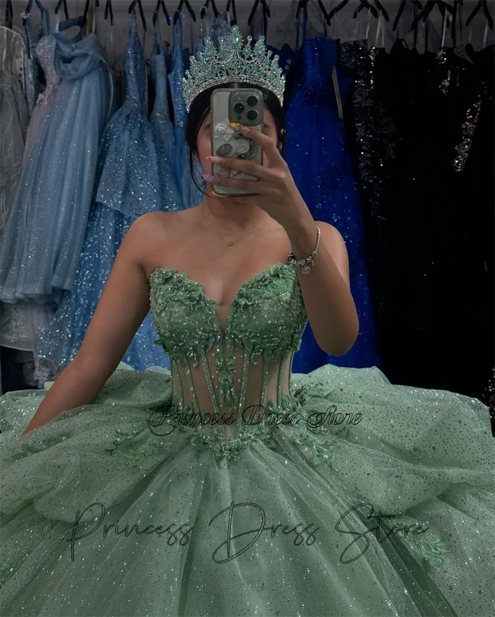 Elegante vestido para quinceañeras verde menta brillante vestido De baile México apliques florales 3D corsé con lazo con cuentas dulce 16 Vestidos De 15 Años