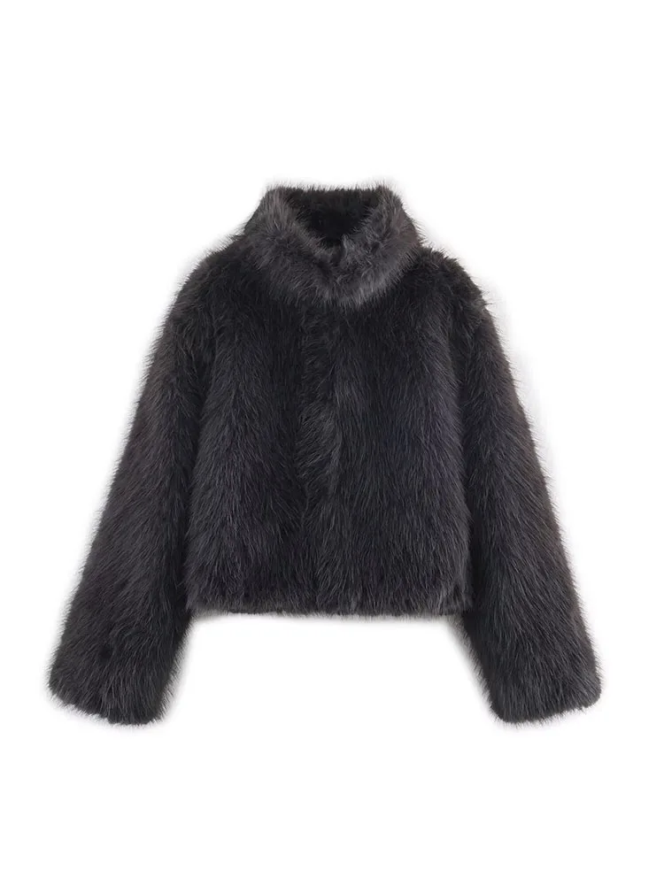 HH جديد أزياء المرأة الشتاء سترة دافئة مع الفراء الاصطناعي بأكمام طويلة نصف بلون معطف قصير سترة فضفاضة غير رسمية #4