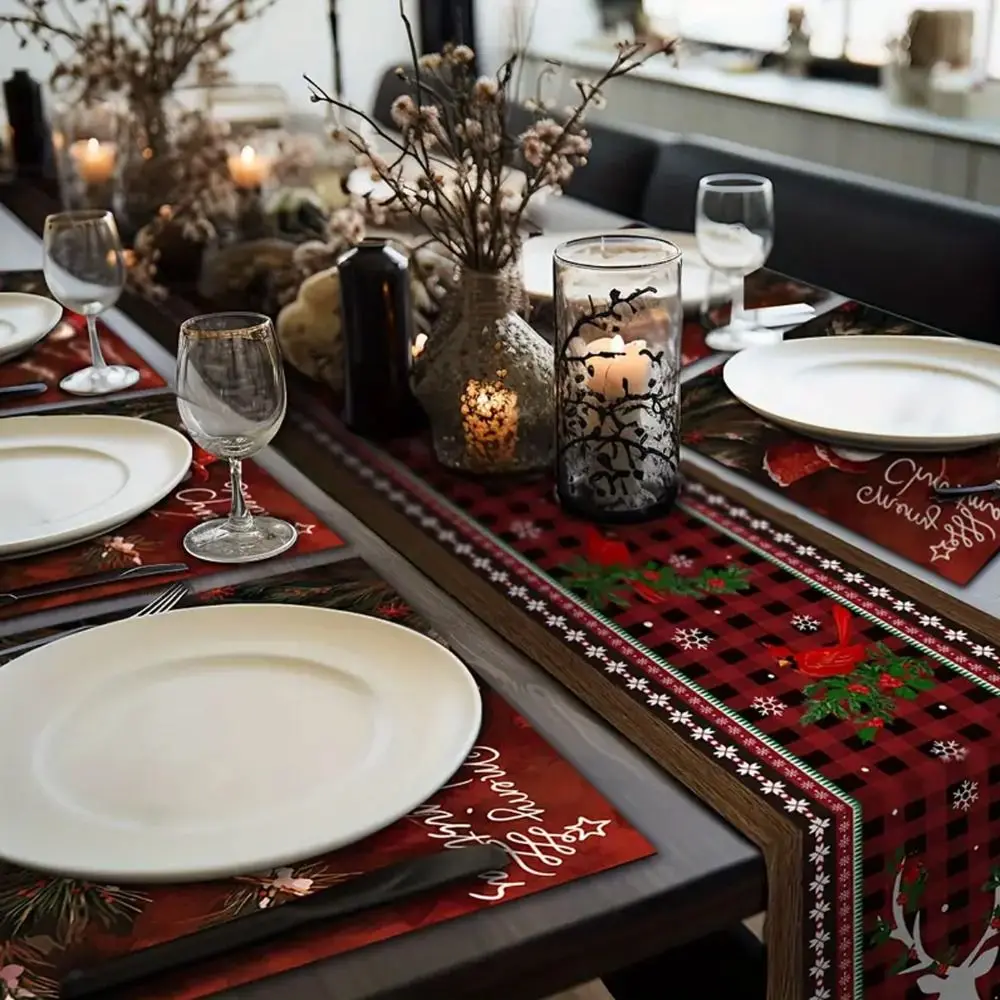 Poinsettia Flower Pattern Christmas Table Runner Long Length Rectangular Shape Table Decor Cloth Linen Material