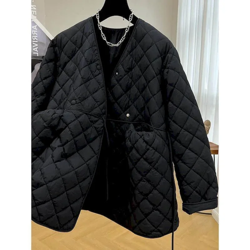 Pop Quilted Coats Women Rhombic Lightweight Cotton Added Korean Style V-neck Lace-up Jackets Casual Vintage Winter Clothes Women