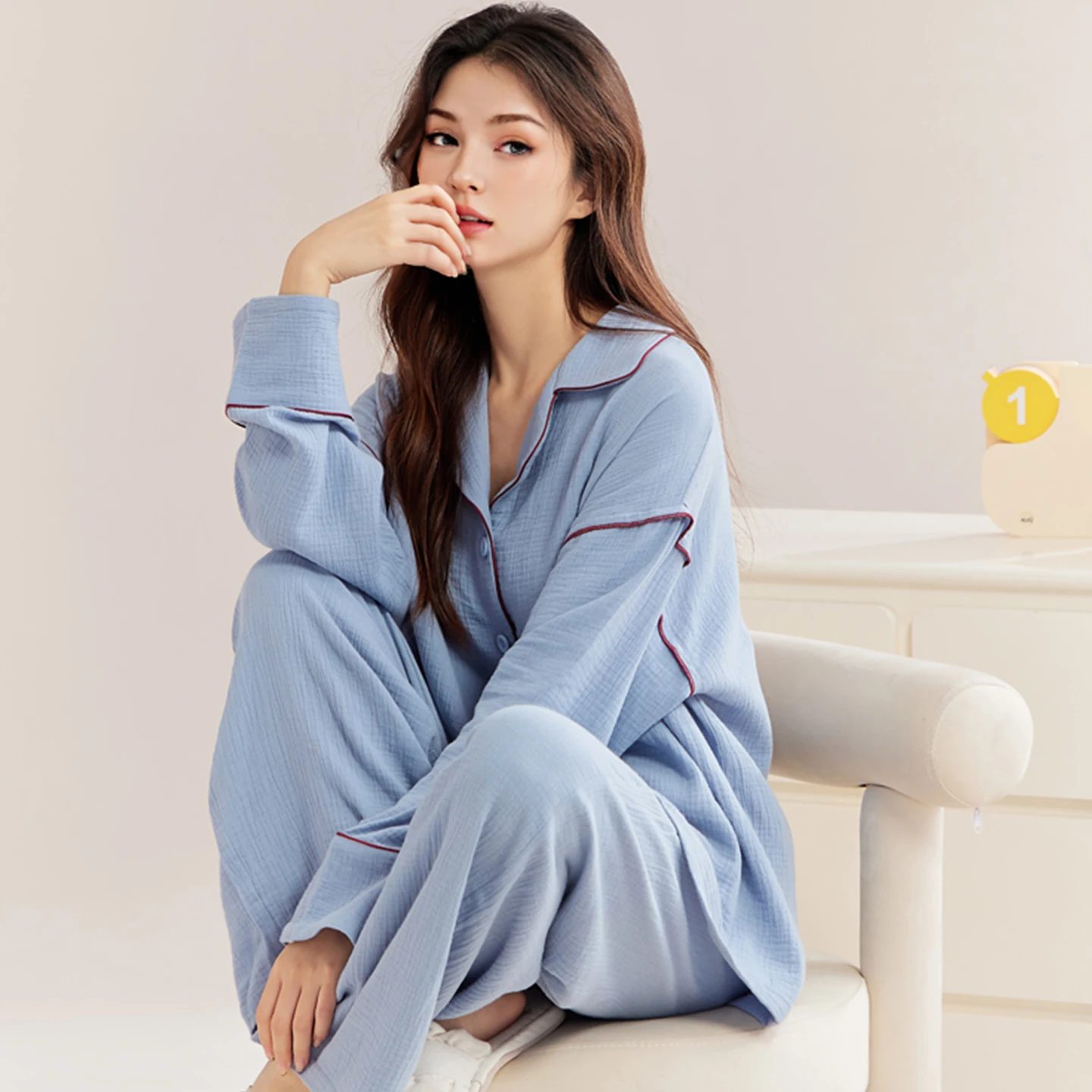 

Yanman Brand Women's All - Season Pajama Set, Class A Pure Cotton Gauze Material, Sleepwear & Loungewear with Long - Sleeve Top