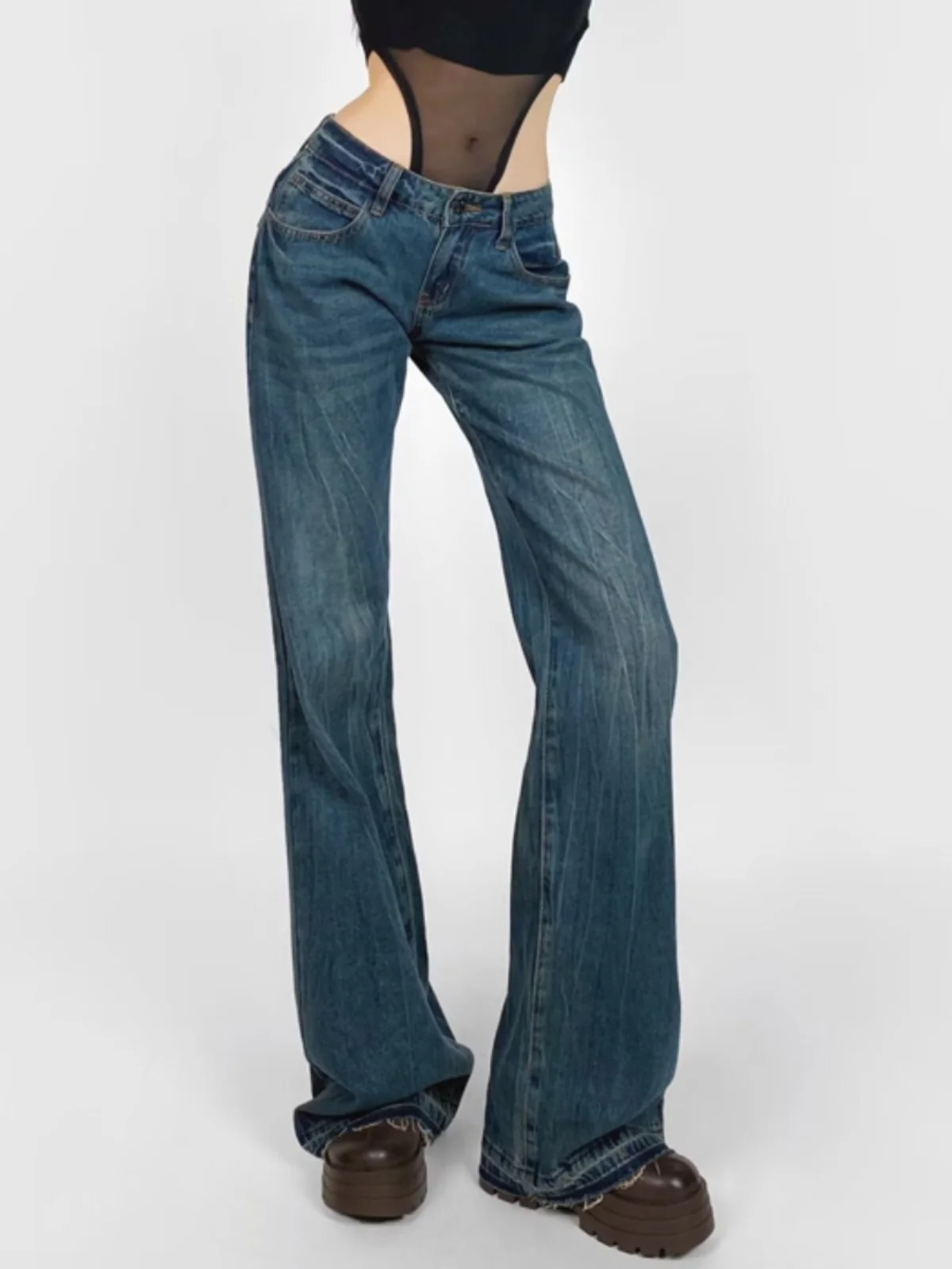

American Retro Hot Girl Low Waist Bell Bottom Pocket Denim Jeans Slimming Long Legs Dragging Floor Frayed Straight Leg Long P...