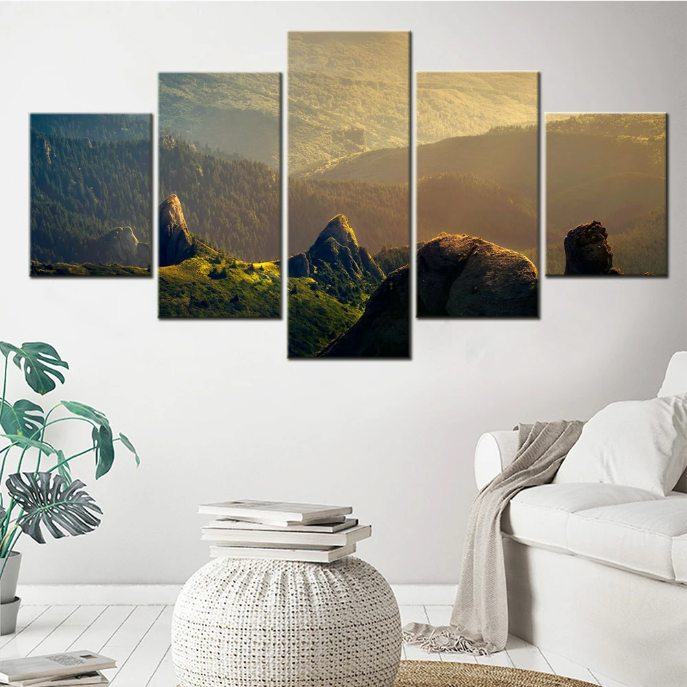 Modern Canvas Wall Art for Living Room Poster Painting Nature Mountains Green Landscape Modular Picture Print 5 PCs Interior Art