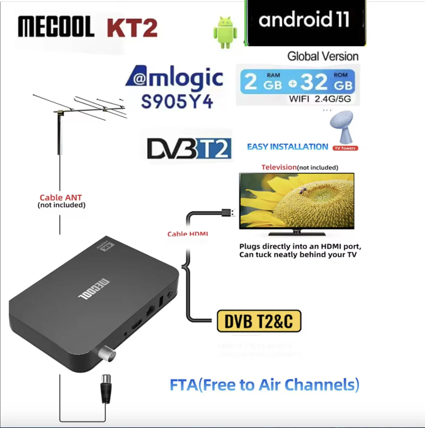 MECOOL KT2 DVB-T2 Android 11 TV Box Gogle Netflx معتمد ATV BT5.0 100M 2G + 32G S905Y4 WIFI 2.4G/5G 2T2R DVB Media