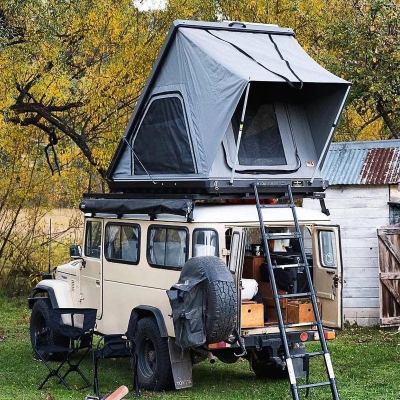

Алюминиевые треугольные палатки для кемпинга OEM на крыше Remaco, 4-местная черная палатка Tente De Toit Hardshell на крыше
