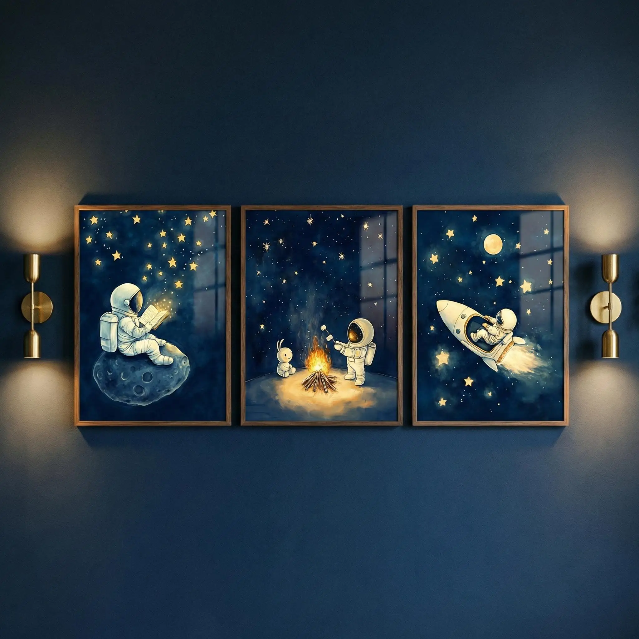 Space Wall Art Set of 3, Whimsical Outer Space Nursery Decor, Cute Astronaut Kids Room Art, Rocket Ship Moon Art, Galaxy Poster